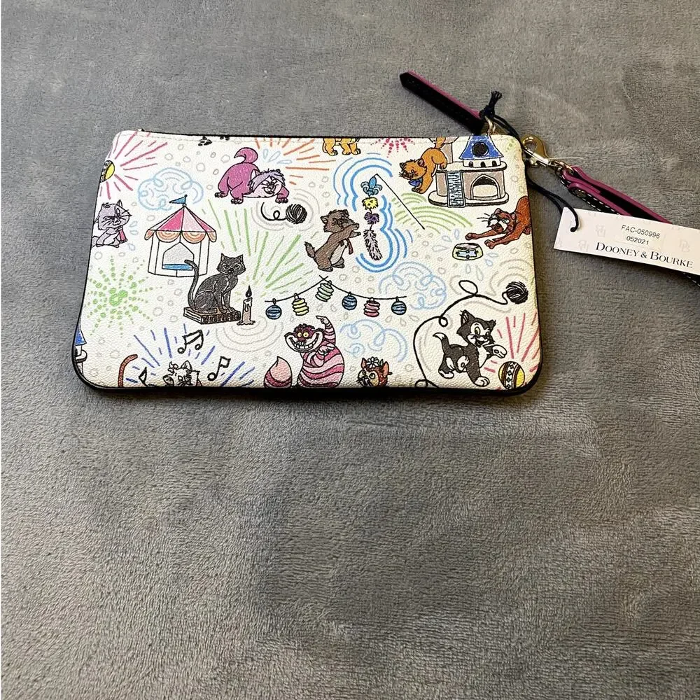 Dooney & Bourke Disney Cats Wristlet White Leather Gold Large Pouch NWT